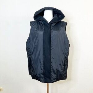 Eileen Fisher Black Feather Down Nylon Zip Up Snap Hooded Puffer Vest Size 1X